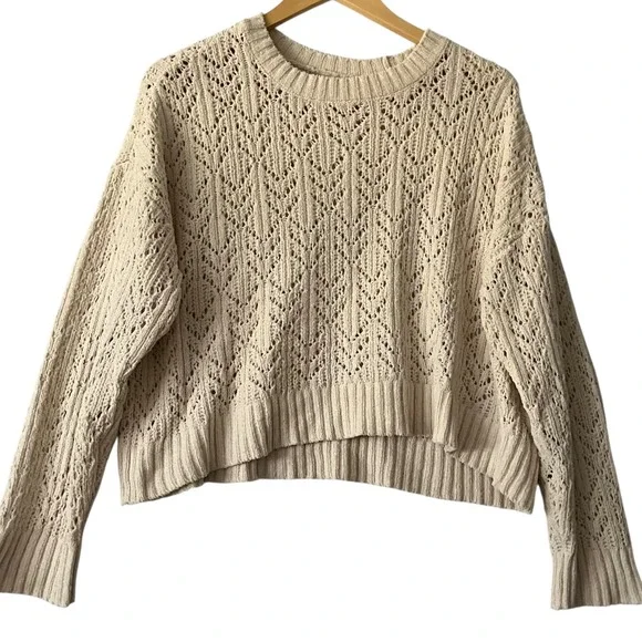 American Eagle Cream Open Knit Cropped Sweater Women's M Neutral Pullover Cozy - Picture 1 of 6